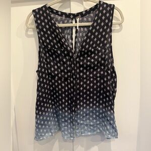 Free People Twist Back Keyhole Tank Top Blouse Shirt Navy Diamond Print Large